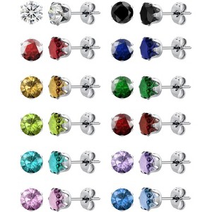 12-Pair Surgical Steel Stud Earrings Set, Hypoallergenic CZ Studs in 12 Colors for Women & Men - 1 of 4