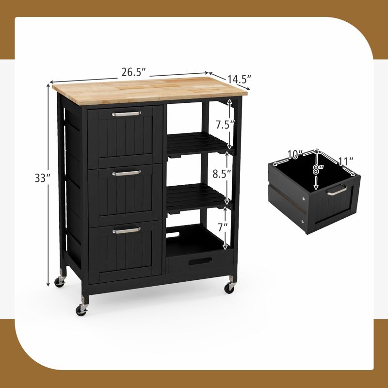Costway Rolling Kitchen Island Utility Storage Cart w/ 3 Storage Drawers & Shelves White/Black, 3 of 13