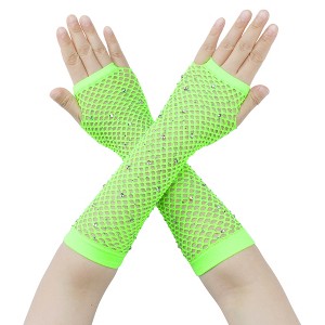 INSPIRE CHIC Women's Long Elastic Mesh Rhinestone Cosplay Net Half Finger Sleeves Gloves for Female Dance Party 1Pair - 1 of 4