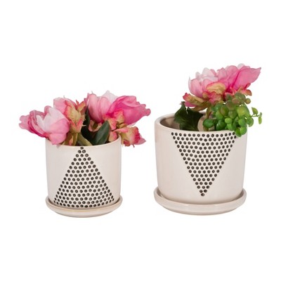 Elegant 6" White Ceramic Planter Pots with Black Dot Pattern and Saucers