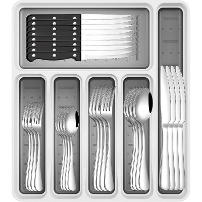 Attop 49-Piece Stainless Steel Silverware Set with Cutlery Organizer, Service for 8 with Steak Knives and Kitchen Utensils