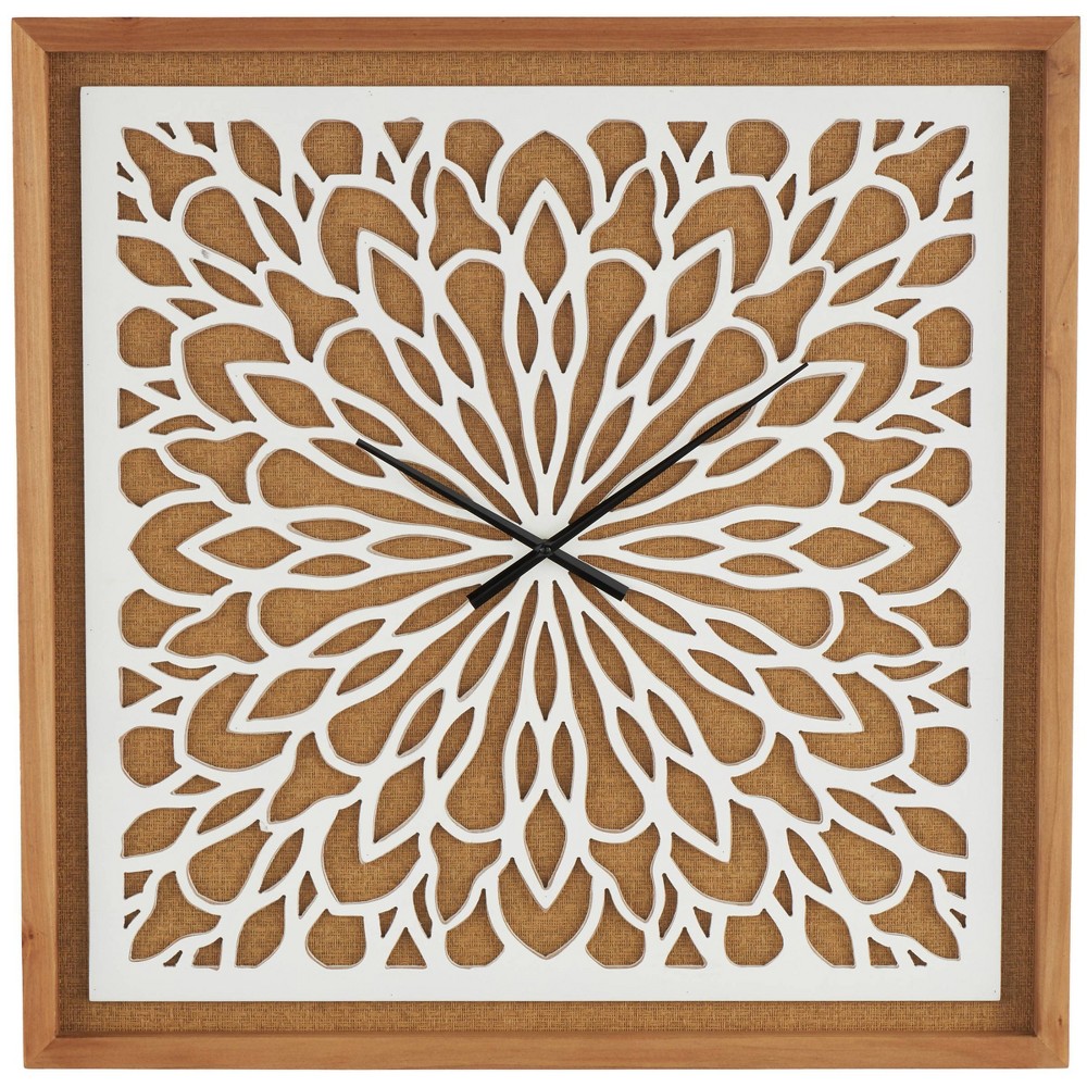 Olivia & May Wood Floral Decorative Wall Clock with White Cutout Board Brown