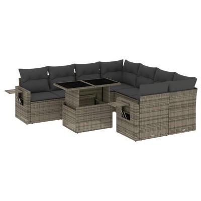 vidaXL Patio Sofa Set with Cushions Outdoor Furniture 9 Piece Poly Rattan - Gray without storage