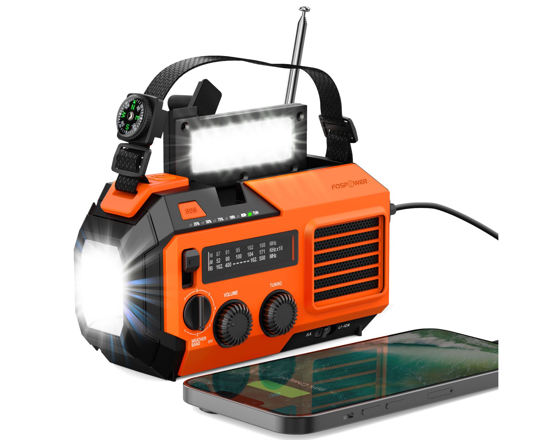 FosPower Solar Hand Crank Radio for Weather Emergency with AM/FM/WB Flashlight, Reading Lamp, SOS Alarm, IPX3, & 5,200mAh Power Bank - Orange