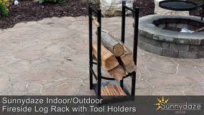 Sunnydaze Black Steel 32" Indoor/Outdoor Firewood Log Rack with Hooks