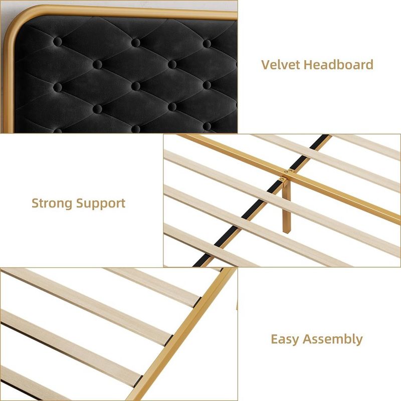 Double Bed Frame, Sponge Bed Frame, Wood Slat Supports, Springless Bed, Upholstered Bed Frame with Velvet Tufted Headboard, Black+Gold, 5 of 7
