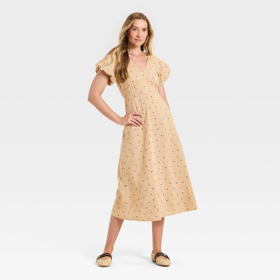 Женские платья Universal Thread Women's Puff Short Sleeve Midi Sundress - Universal Thread™ Tan Floral XL — фото 3