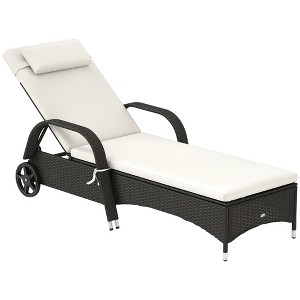 Outsunny Patio Wicker Chaise Lounge, PE Rattan Outdoor Lounge Chair with Cushion, Height Adjustable Backrest & Wheels - 1 of 4