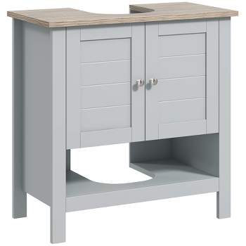 kleankin 24" Bathroom Under Sink Cabinet with Storage, Pedestal Sink Cabinet, Adjustable Shelf and Open Bottom Shelf, Gray