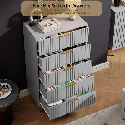 Fluted 5-Drawer Dresser – Wooden Chest with Deep Drawers & Wide Top for Bedroom or Living Room