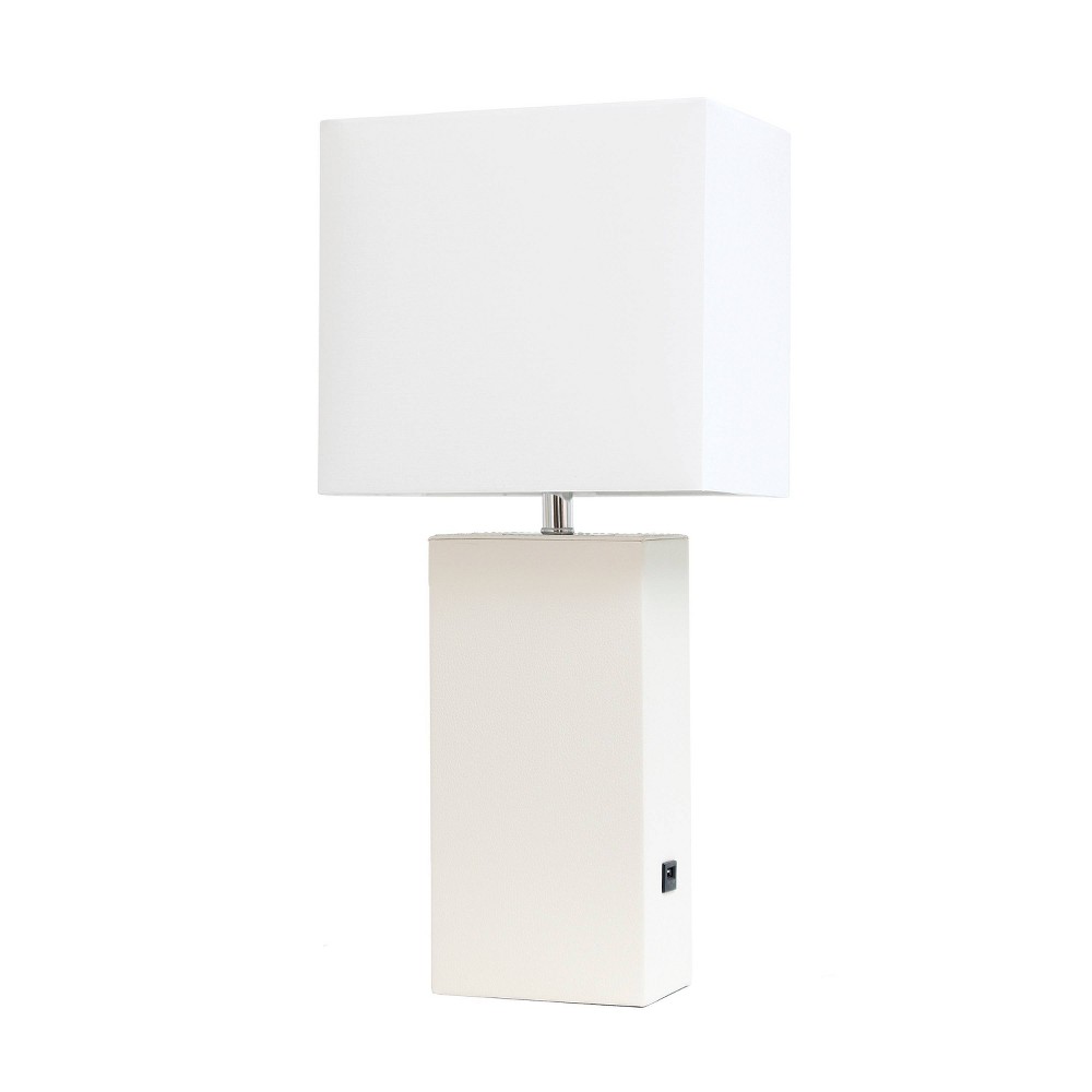 Modern Leather Table Lamp with USB and Fabric Shade White - Elegant Designs: No Assembly, UL Listed, Linen Shade