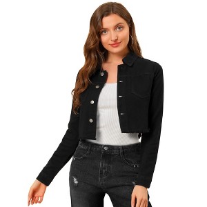 Allegra K Women's Turn Down Frayed Button Down Washed Cropped Denim Jacket - 1 of 4