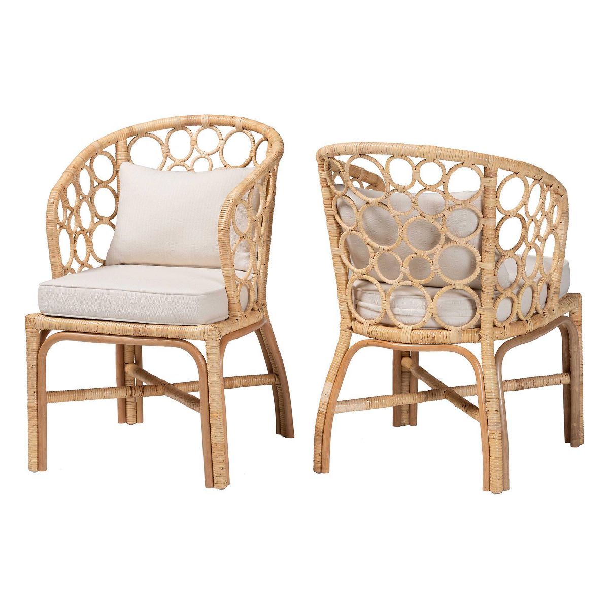 bali & pari Prisca Natural Rattan 2-Piece Dining Chair Set with Round Removable Cushion Brown