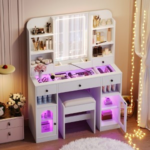 TiramisuBestVanity Desk with LED Mirror and Lights, Glass Top Vanity with RGB Glass Light Cabinets, with 5 Drawers ,Storage Shelves and Stool - 1 of 4