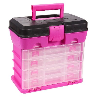 Juvale Storage and Tool Box, Durable Organizer Box with 4 Removable Drawers 13 Compartments for Beads and DIY Craft Accessories (Pink)