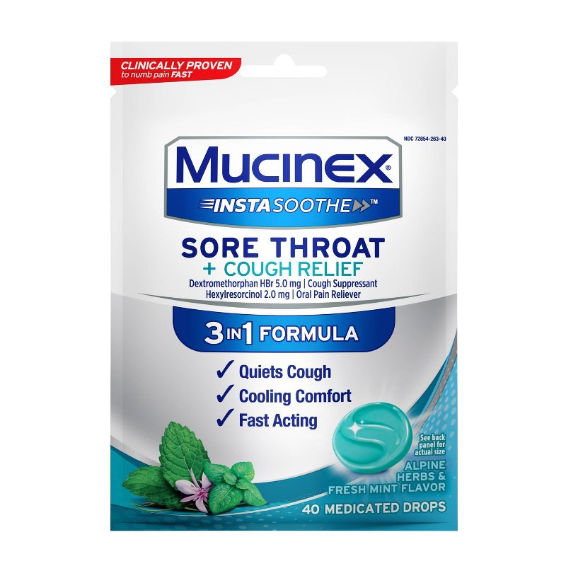 Mucinex Instasoothe Sore Throat &#38; Cough Drops - Alpine Herb &#38; Fresh Mint - 40ct, 1 of 5