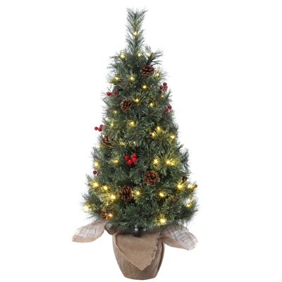 Whizmax 3FT Pre-Lit Mini Christmas Tree with 78 Warm White LED Lights,Holiday Xmas Tree with Pine Cones, Red Berry Clusters and Cloth Bag Base