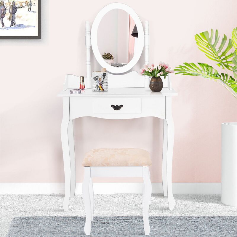 Tangkula Bathroom Vanity Wood Makeup Dressing Table Stool Set Jewelry Desk W/Drawer &Mirror White, 3 of 11