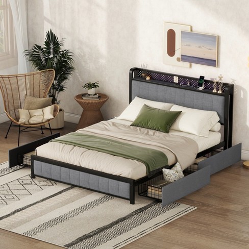 Queen Upholstered Platform Bed with 1 Storage Drawer, Queen Bed Frames with  Adjustable Headboard, Strong Wood Slats and Metal Center Legs Support, for