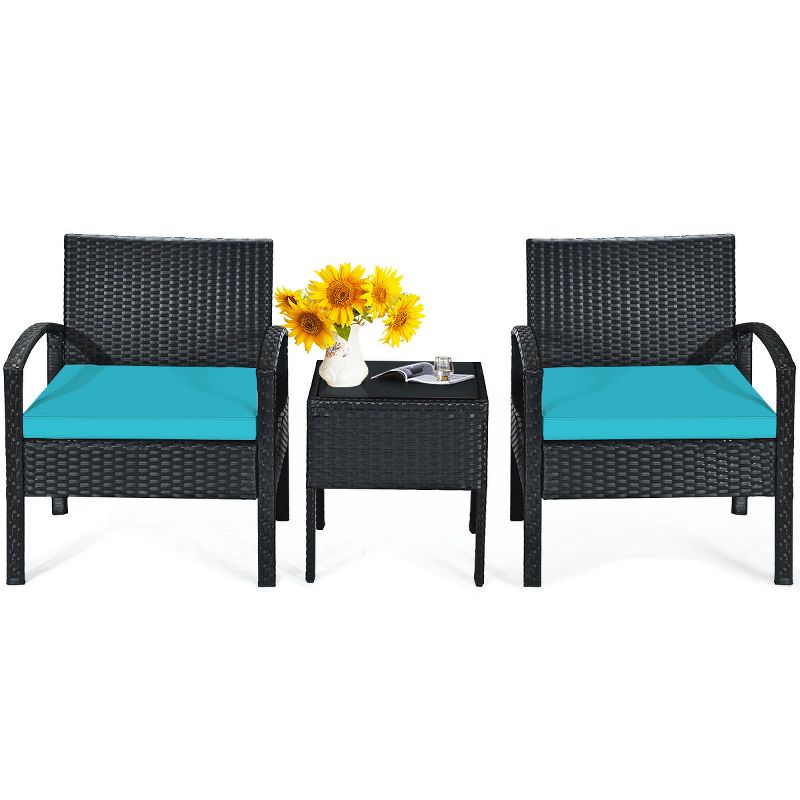 Tangkula 3 Pieces Patio Set Outdoor Wicker Rattan Furniture w/ Cushions Turquoise, 1 of 9