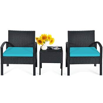 Tangkula 3 Pieces Patio Set Outdoor Wicker Rattan Furniture w/ Cushions Turquoise