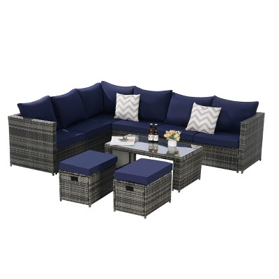 SUGIFT 6PCS Patio Conversation Set with All-Weather Rattan & Glass-Top Table