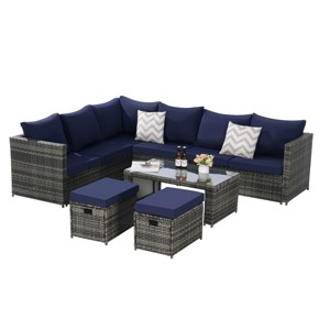SUGIFT 6PCS Patio Conversation Set with All-Weather Rattan & Glass-Top Table - 1 of 4