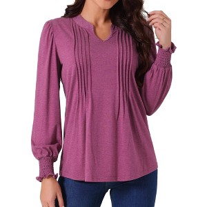 Seta T Women's V Neck Smocked Cuff Long Sleeve Pleated Casual Tunic Blouse - 1 of 4