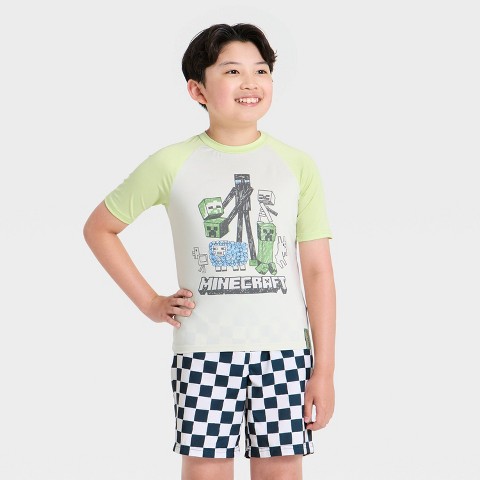 Minecraft Boys' Minecraft Rash Guard Swim Shirt - Lime Green L