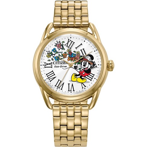 Citizen Disney Eco drive Watch Featuring Mickey Mouse 3 hand Gold Ip Bracelet Target