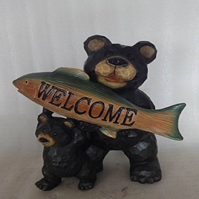 11.25" Polyresin Bears Holding Fish Welcome Sign Outdoor Statue Black - Hi-Line Gift