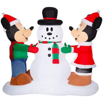 Gemmy Christmas Airblown Inflatable Mickey and Minnie Decorating Snowman Scene Disney, 5 ft Tall