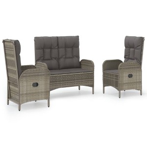 vidaXL 3-Piece Outdoor Furniture Set - Gray Poly Rattan Patio Dining with Cushions, Reclining Chairs, Tempered Glass Tabletop - 1 of 4