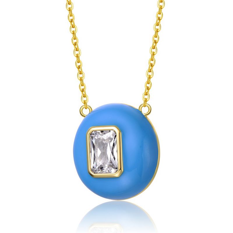 Young Adults/Teens 14k Yellow Gold Plated with Cubic Zirconia Radiant Solitaire Blue Enamel Small Round Pendant Necklace, 2 of 3