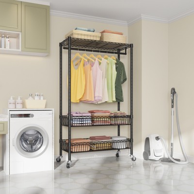 Black Powder-Coated Metal Rolling Garment Rack with Wire Shelves