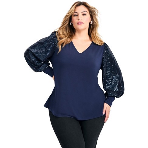 Avenue Women s Plus Size Glam Sequin Sleeve Top 26 28 Midnight Target