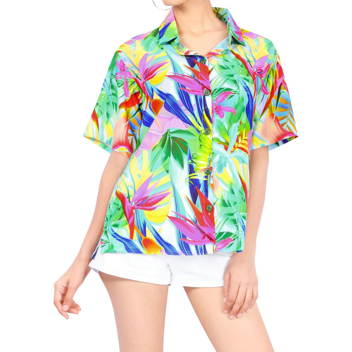 HAPPY BAY Women's Button Down Blouses Casual Summer Beach Party Blouse Shirt Short Sleeve Vacation Button Up Dress Tee Hawaiian Shirts XL Multi,Leaf - thumbnail 3
