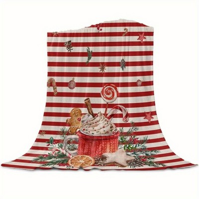 1pc Red White Striped Christmas Flannel Blanket with Gingerbread, Candy Canes and Snowflake Print, Christmas Gifts.
