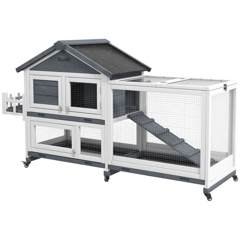 PawHut 65" Wooden Rabbit Hutch, Pet Playpen with Openable Roof, Bunny House Enclosure with Wheels, Storage Box, for Rabbits and Small Animals, Gray, 4 of 7