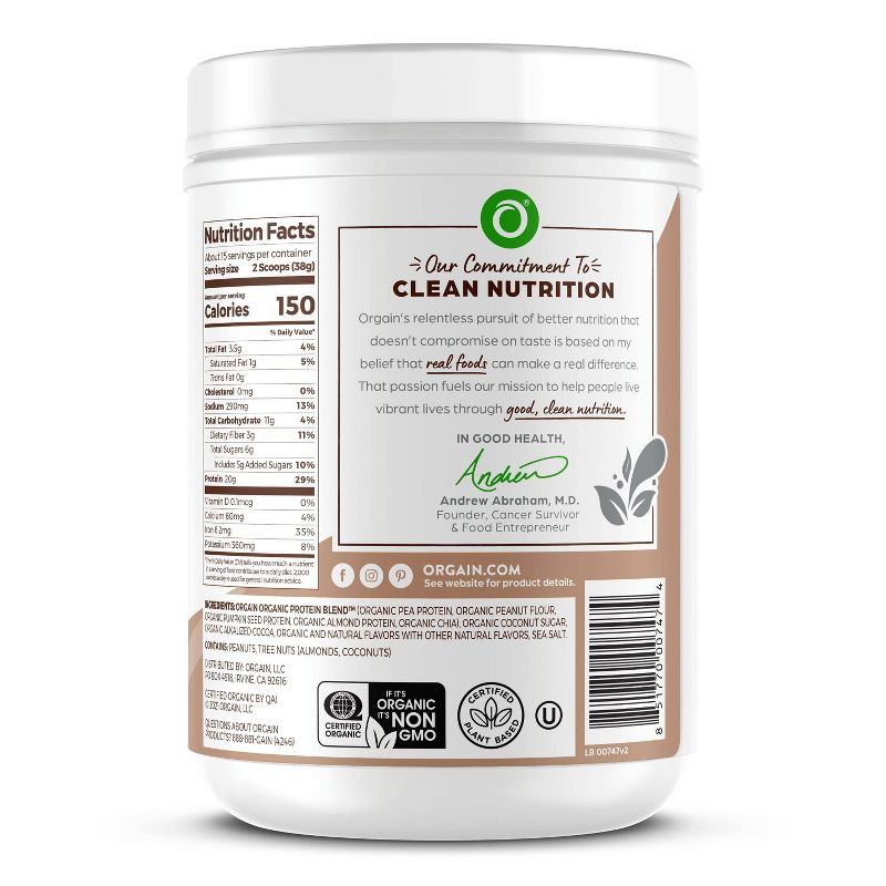 Orgain Organic Vegan Simple Ingredient Plant Based Protein Powder - Chocolate - 1.25lbs, 4 of 8