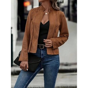 Suede Retro Cardigan - Women's Solid Color Slim Fit Short Jacket - 1 of 4