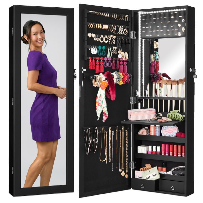 Best Choice Products Hanging Mirror Jewelry Armoire, Door or Wall Mounted Cabinet w/ LED Lights, Lock, 1 of 9
