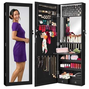 Best Choice Products Hanging Mirror Jewelry Armoire, Door or Wall Mounted Cabinet w/ LED Lights, Lock