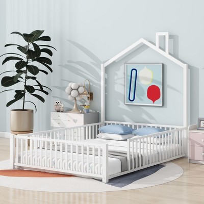 CAVINAS Twin/Full Size House Platform Bed Frame with Guardrail & Chimney,Metal Floor Bed for Kids Room,Bedroom