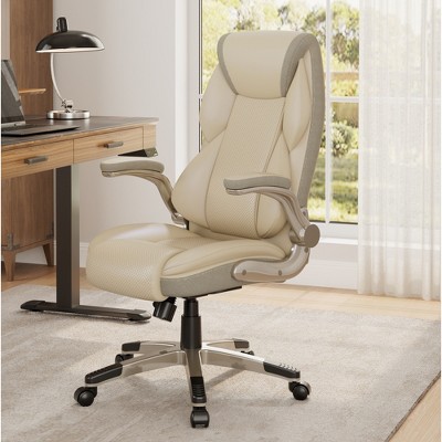 Off-White Faux Leather Executive Swivel Office Chair with Adjustable Arms