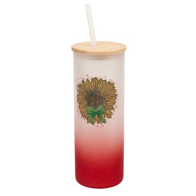 Elanze Designs 25 Ounce Frosted Glass Gradient Travel Tumbler With Straw and Wooden Lid, Sunflower Red