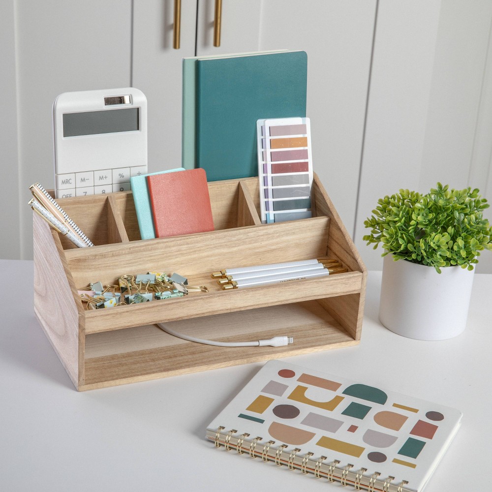 Photos - Accessory Martha Stewart Wooden Desktop Organizer Natural Wood 
