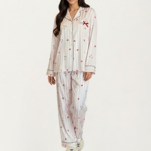 Anna-Kaci Lounge Women's Satin Pajama Set with Striped Print Contrast Trim and Long Sleeve Button-Up Top - 1 of 4
