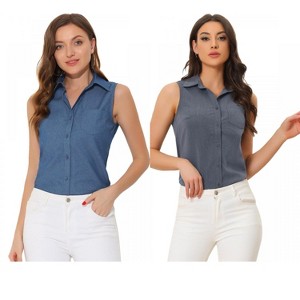 INSPIRE CHIC Women's Sleeveless Lapel V Neck Button Down Chambray Shirt 2 Packs - 1 of 4