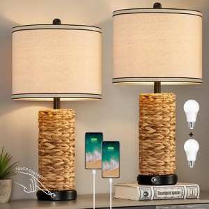 GTCLIGHTING Rattan Table Lamp Set of 2, 3 Way Dimmable Touch Table lamp with 2 USB Ports and 1 AC Outlet for Bedroom Nightstand Table, Livingroom - 1 of 4